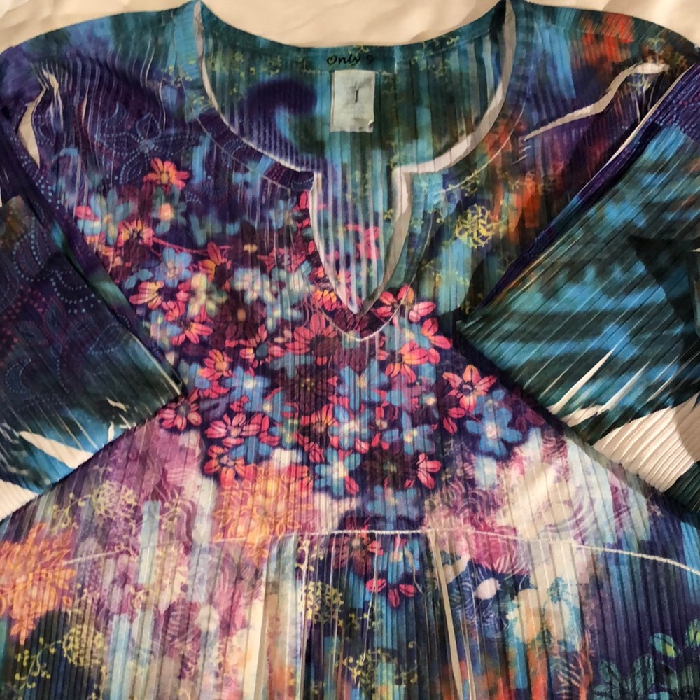 XL BOHO Pleated Blouse Micro-pleats  3/4 Sleeve